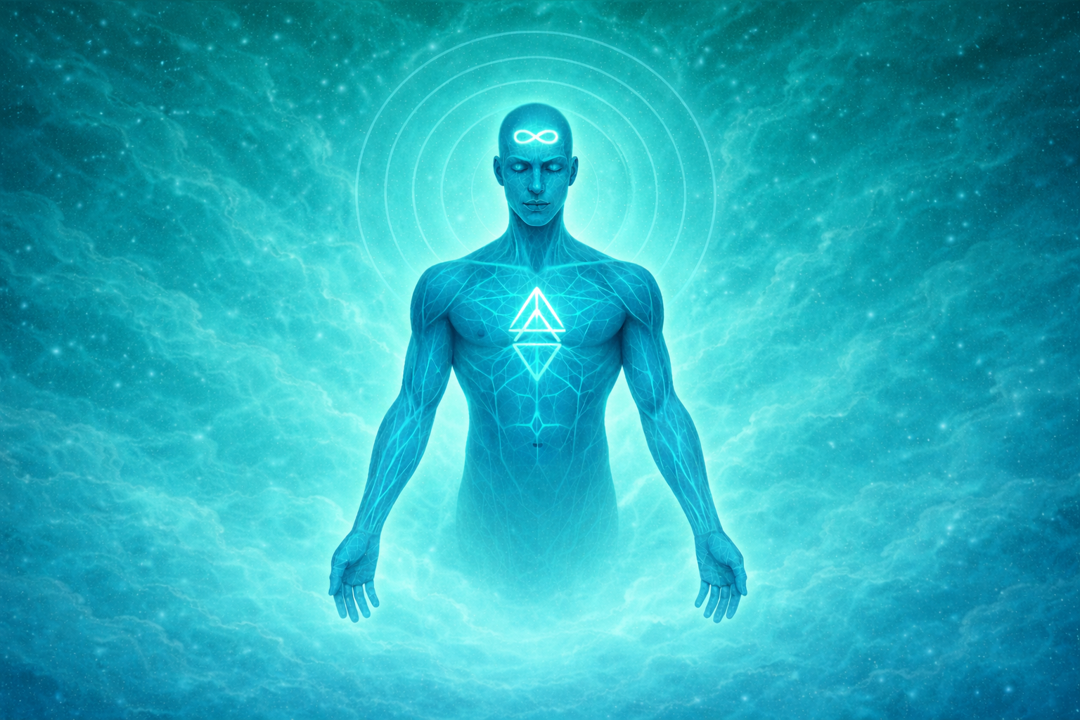 Glowing human figure with infinity symbol representing human potential