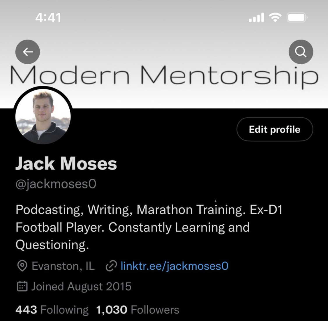 Jack Moses old X profile with 1,030 followers