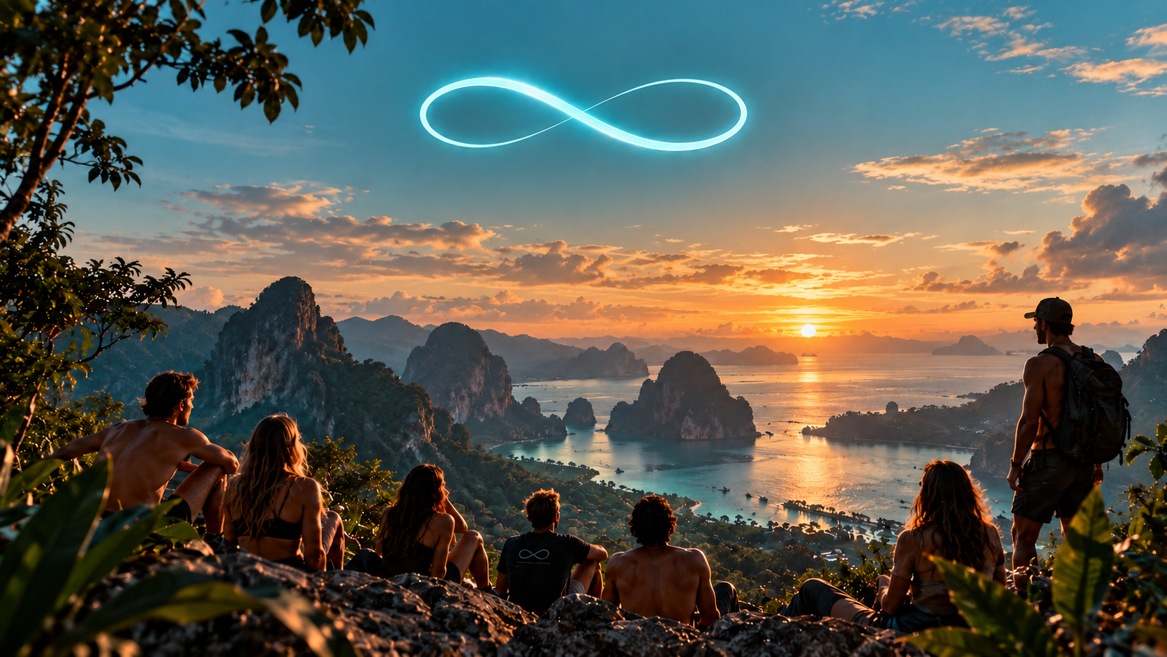 Adventurers overlooking a mountain and ocean sunset